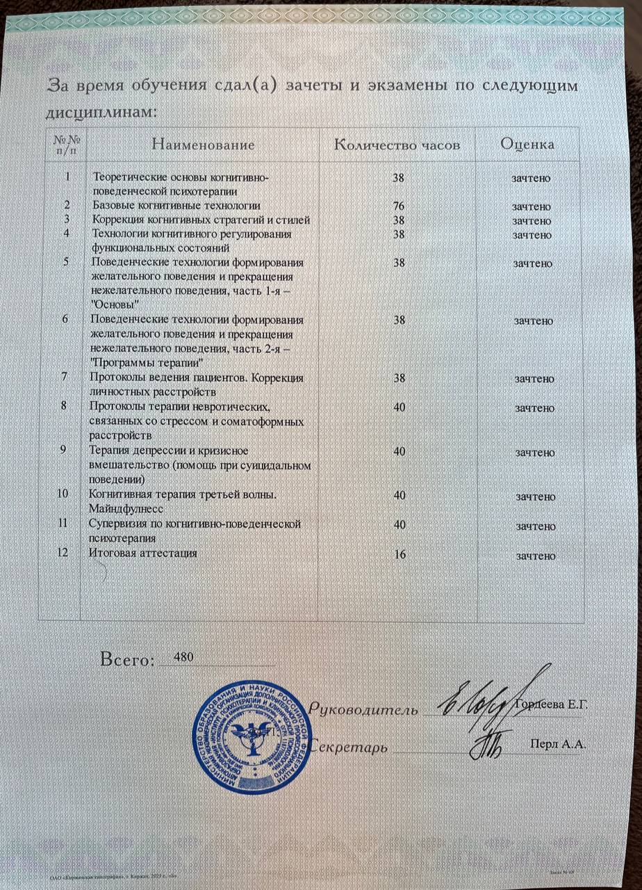 Когнитивно-поведенческие технологии в психотерапии и консультировании. АНО ДПО «Институт психотерапии и клинической психологии», 480 часов, 2023. Приложение к диплому, перечень дисциплин.